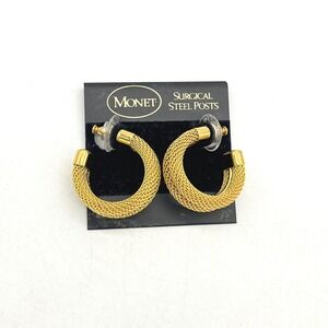 Monet Gold Tone Mesh Hoop Earrings Surgical Steel Posts Vintage Textured 1 Inch